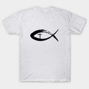Painted Cross and Fish Christian Design - Black T-Shirt