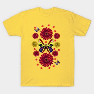 Vibrant Spring Garden Totem: Radiant Butterfly & Floral Medley T-Shirt