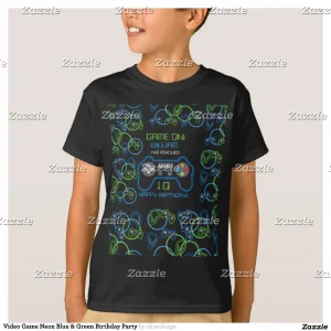Video Game Neon Blue & Green Birthday Party T-Shirt