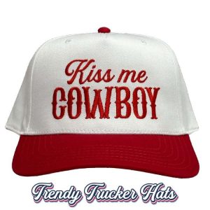 Kiss me Cowboy WhiteRed Trucker Hat, Country Concert Hat, Embroidered Hat, Trendy Trucker Hat Baseball Embroidered