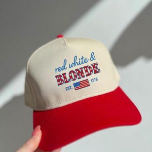 Red White & Blonde Hat, 4th of July Trucker Hat, Patriotic Brunette Cap, Embroidered USA Hat, Vintage Baseball Hat For Her
