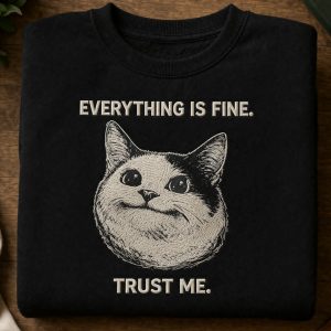 Everything Is Fine Cat Embroidered Sweatshirt  Funny Meme Hoodie  Cozy Streetwear Gift